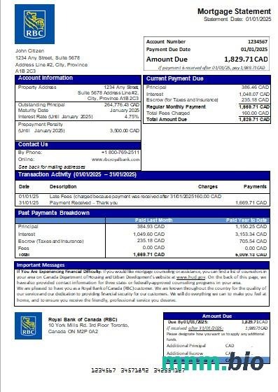 Kanada Royal Bank of Canada (RBC) wyciąg z kredytu hipotecznego szablon Word i PDF